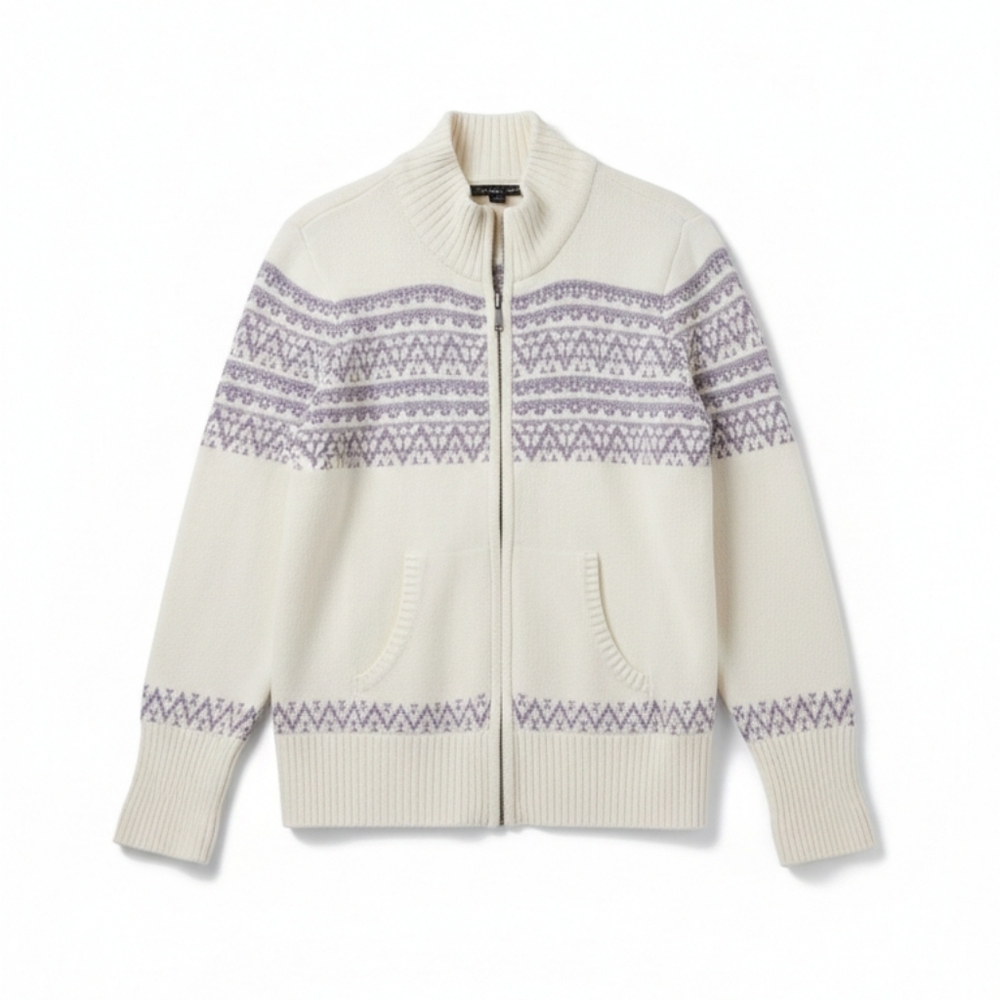 100% COTTON Full Zip Cardigan Sweater Cream Grey XL